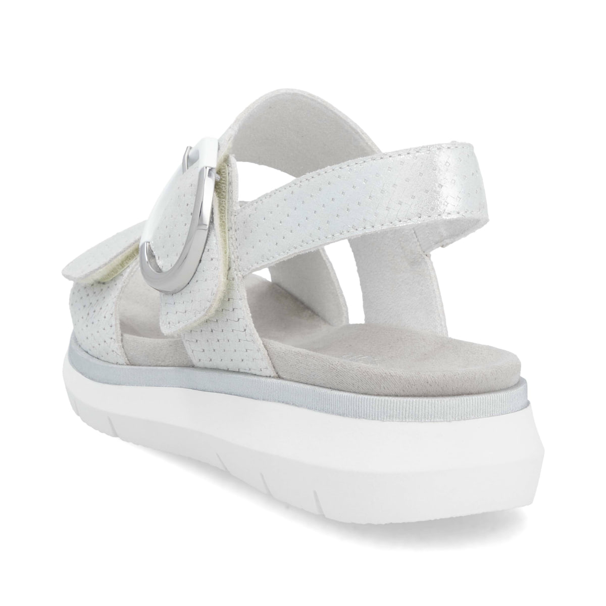 Silberne remonte Keilsandaletten D2K50-91 mit einem Klettverschluss. Schuh von hinten.