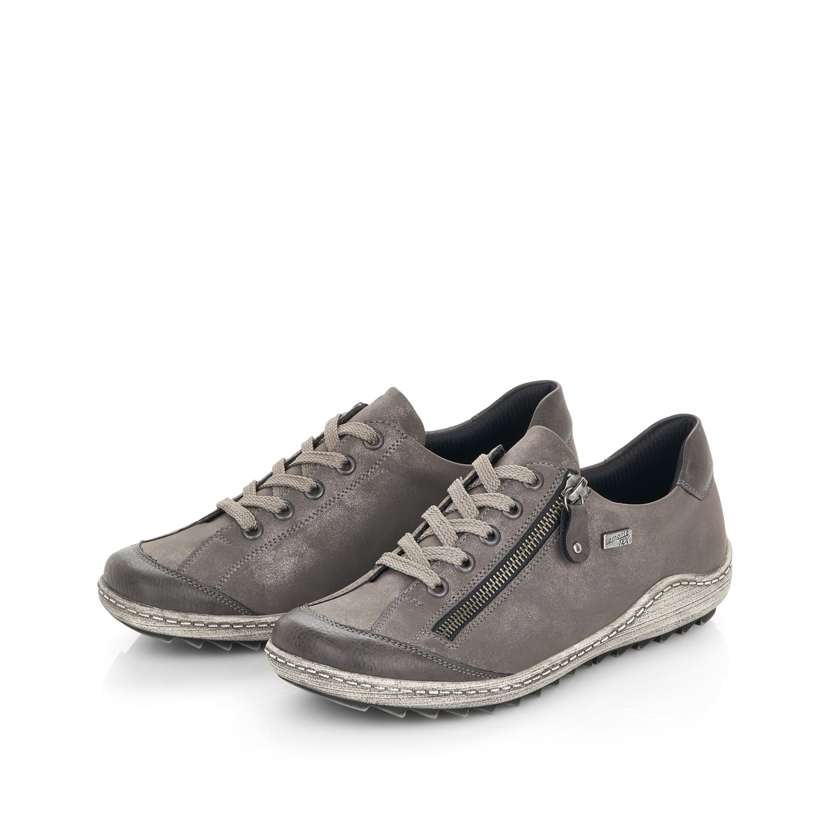 Graue remonte Damen Schnürschuhe R1402-44 mit wasserabweisender TEX-Membran. Schuhpaar seitlich schräg.