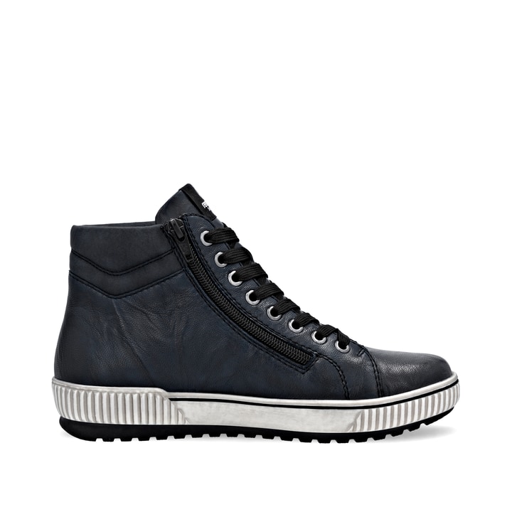 Blaue remonte Damen Schnürstiefel D0772-15 mit wasserabweisender TEX-Membran. Schuh von hinten.
