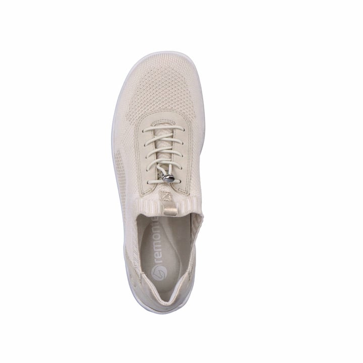Beige remonte Damen Slipper R3518-60 mit einem Gummizug sowie der Komfortweite G. Schuh von oben.