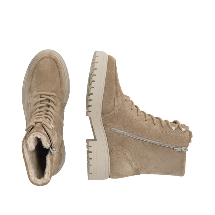 Camelfarbene remonte Damen Schnürstiefel D4B70-20. Schuh von oben, liegend.