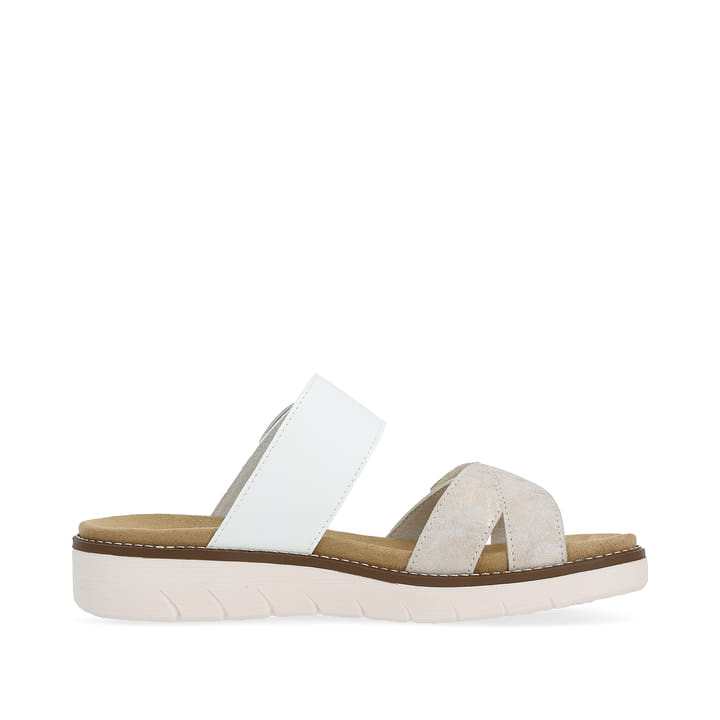 Weiße vegane remonte Damen Pantoletten D2048-90 mit einem Klettverschluss. Schuh Innenseite.