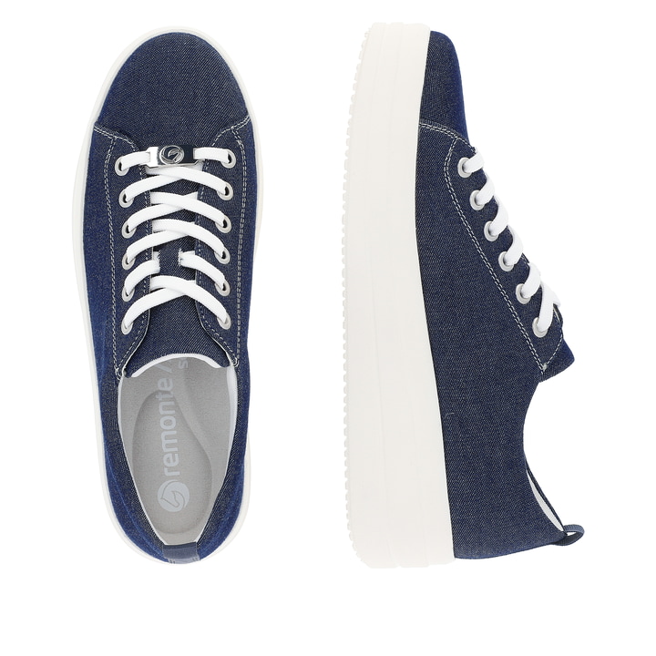 Blaue remonte Damen Sneaker D1C03-14 mit Schnürung sowie Ziernähten. Schuh von oben, liegend.