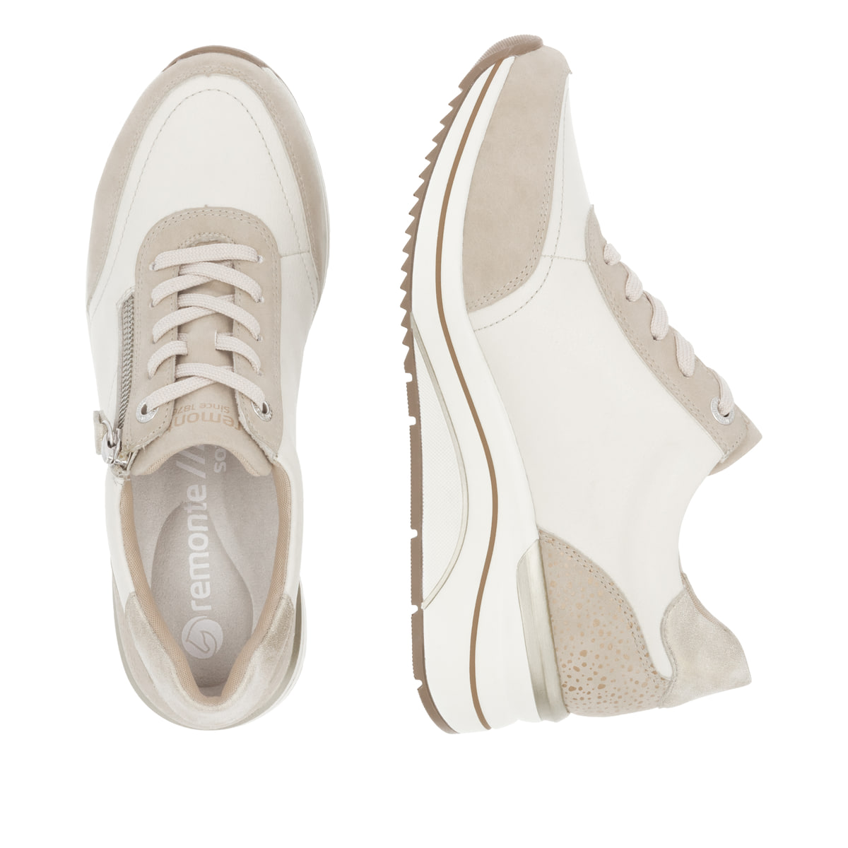 Beige-weiße remonte Damen Sneaker D0T00-60 mit Reißverschluss sowie Extraweite H. Schuh von oben, liegend.