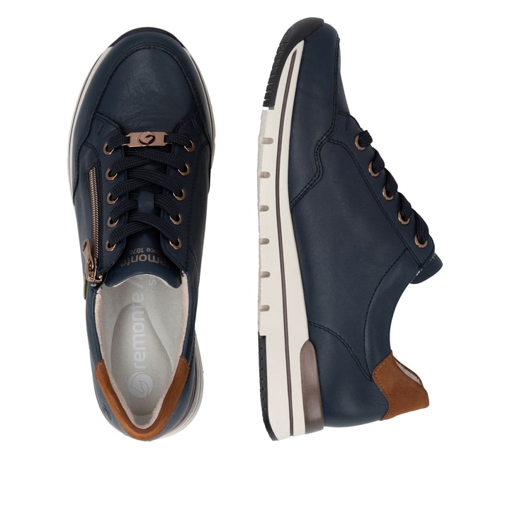 Dunkelblau-braune remonte Damen Sneaker R6716-14. Schuh von oben, liegend.