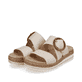 Beige remonte Damen Pantoletten D0Q51-80 mit einem Klettverschluss. Schuhpaar seitlich schräg.