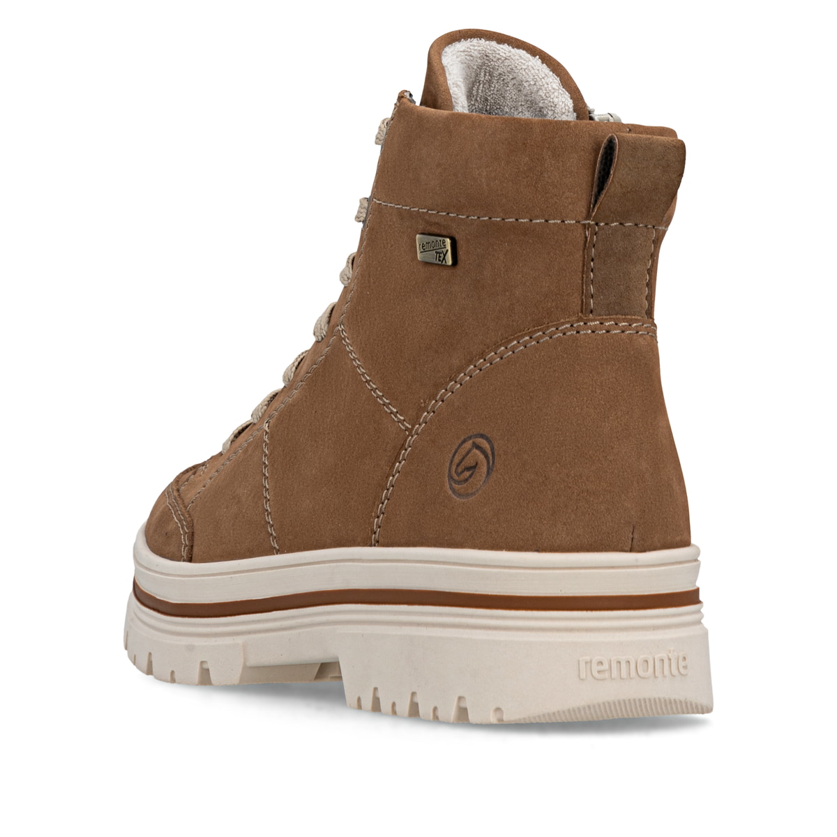 Braune remonte Damen Schnürstiefel D2U71-22 mit wasserabweisender TEX-Membran. Schuh von hinten.