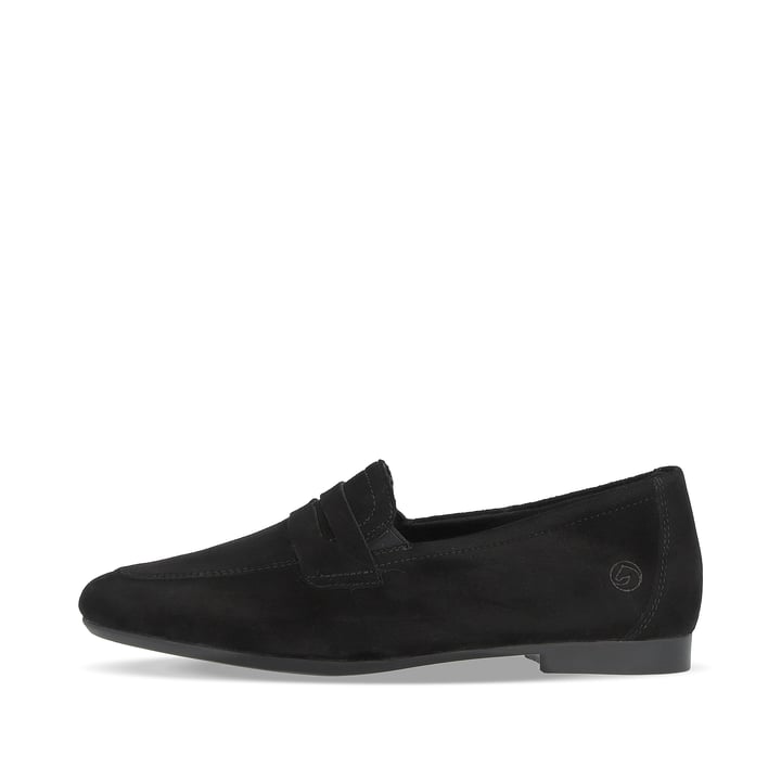 Nachtschwarze remonte Damen Loafer D0K02-00 mit einem Elastikeinsatz. Schuh Außenseite.