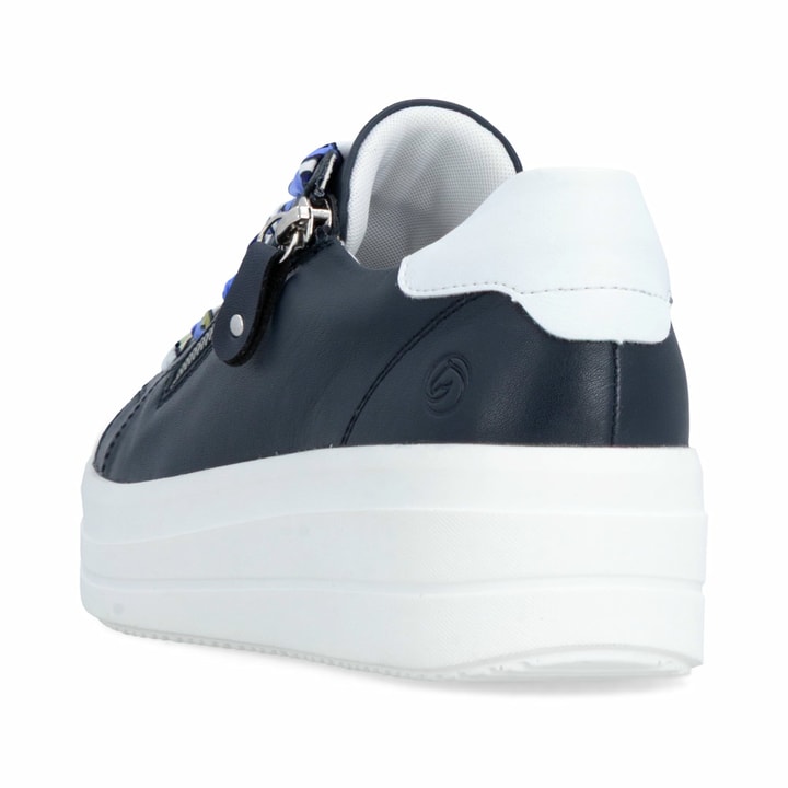 Blaue remonte Damen Sneaker Low D1C06-14 mit Reißverschluss sowie Komfortweite G. Schuh von hinten.
