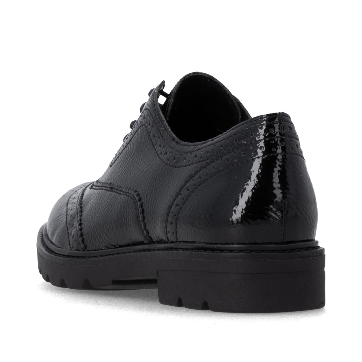 Schwarze remonte Damen Schnürschuhe D2Q04-02 mit einer gepolsterten Einlegesohle. Schuh von hinten.