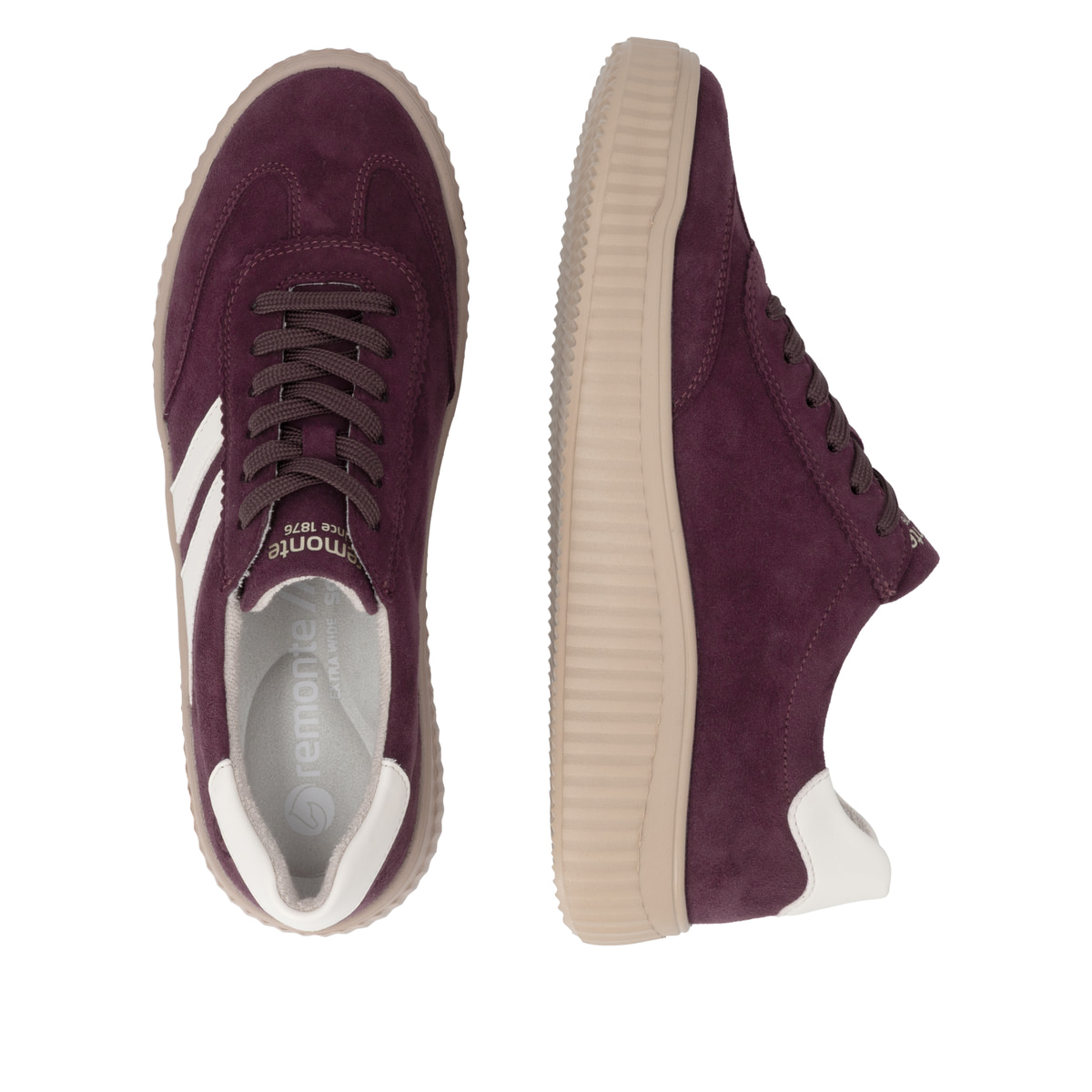 Baskets basses remonte rouges femmes D3E00-30 avec la semelle lightsole+. Chaussure vue de dessus, couchée.