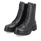 
Tiefschwarze remonte Damen Biker Boots D2278-01 mit einer dämpfenden Profilsohle. Schuhpaar schräg.