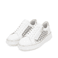 Weiße remonte Damen Sneaker Low D2E03-80 mit Reißverschluss sowie Komfortweite G. Schuhpaar seitlich schräg.