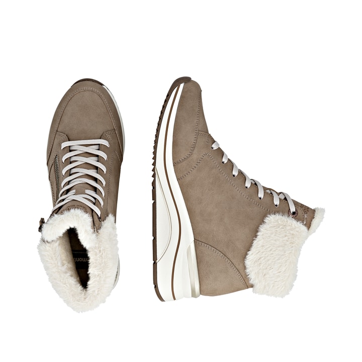 Braune remonte Damen Schnürstiefel D0T77-20 mit wasserabweisender TEX-Membran. Schuh von oben, liegend.