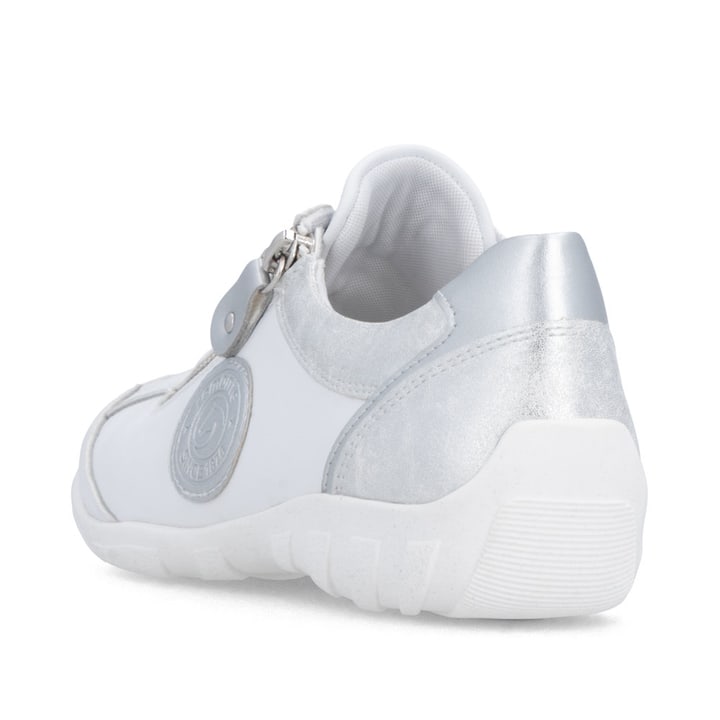 Weißsilberne vegane remonte Damen Schnürschuhe R3408-82 mit einem Reißverschluss. Schuh von hinten.