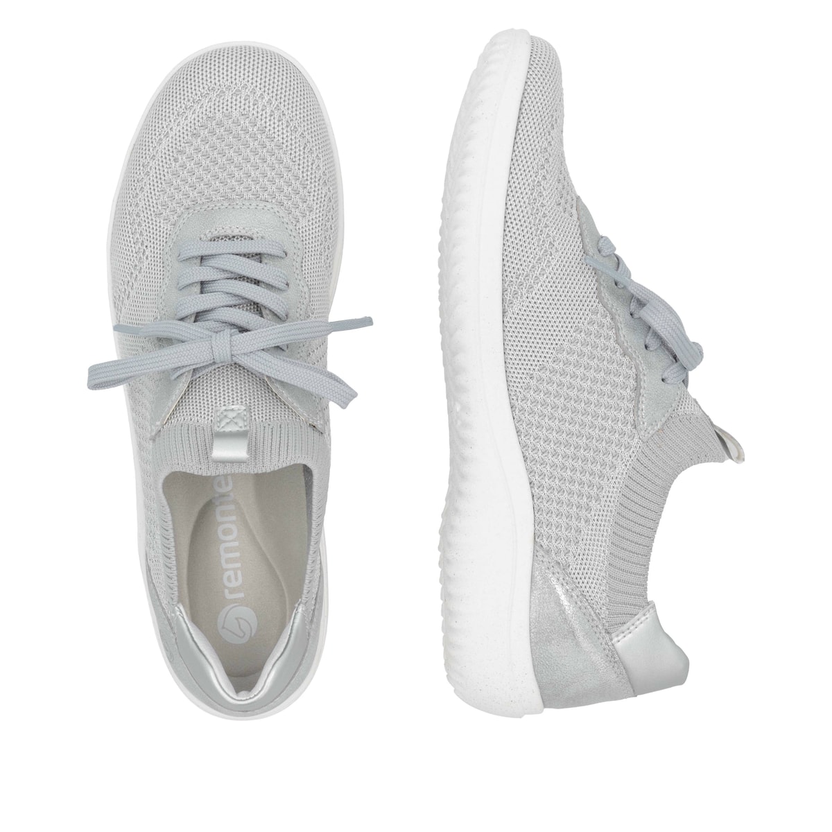 Graue remonte Damen Slipper D1E05-40 mit einem Gummizug sowie der Komfortweite G. Schuh von oben, liegend.