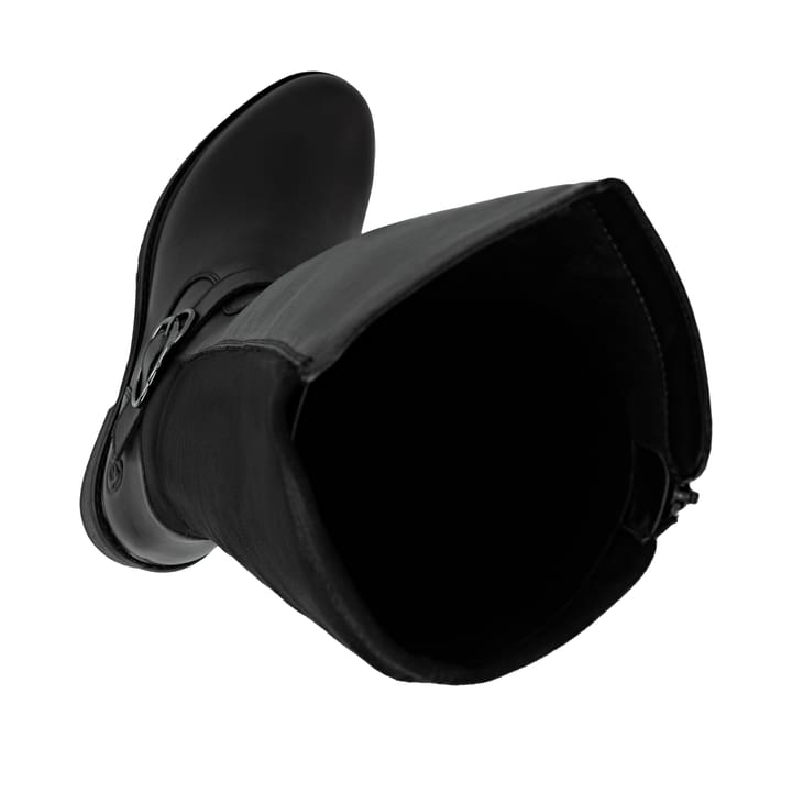 Schwarze remonte Hochschaftstiefel D1A73-00 mit einem Gummizug. Schuh von oben, liegend.