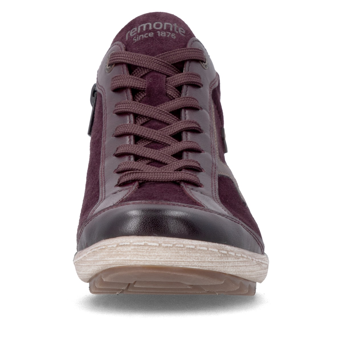 Weinrote remonte Damen Schnürstiefel R1454-35 mit wasserabweisender TEX-Membran. Schuh von vorne.