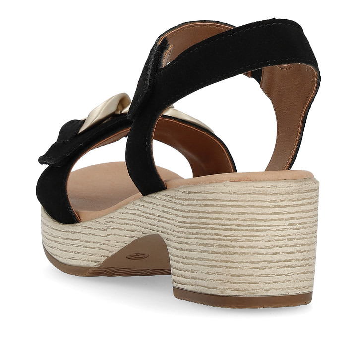 Schwarze remonte Riemchensandaletten D0N55-02 mit einem Klettverschluss. Schuh von hinten.