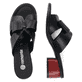 Schwarze remonte Damen Pantoletten R8759-01 mit Gummizug sowie leichter Sohle. Schuh von oben, liegend.