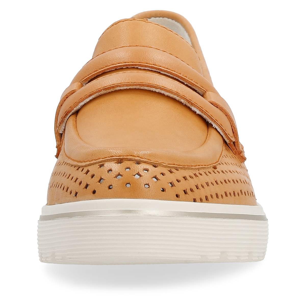 Glutorangene remonte Damen Loafer D1H03-38 mit Elastikeinsatz sowie Löcheroptik. Schuh von vorne.