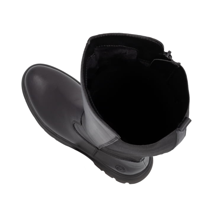 Schwarze remonte Hochschaftstiefel D1W77-00 mit einem Reißverschluss. Schuh von oben, liegend.
