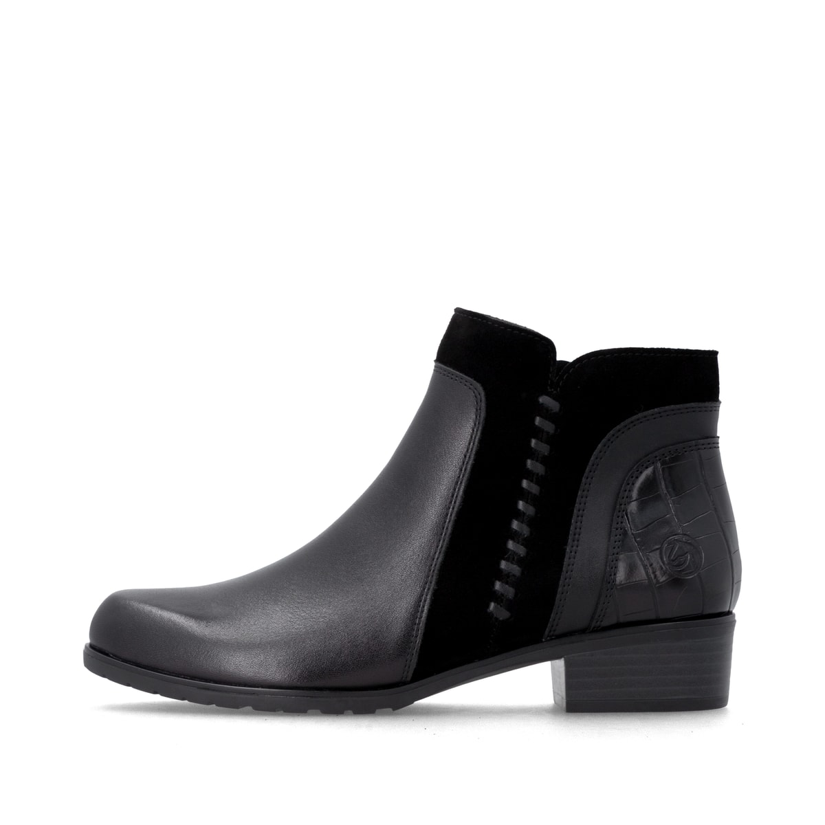 Stahlschwarze remonte Damen Stiefeletten D6893-02 mit stylischer Dekonaht. Schuh Außenseite.