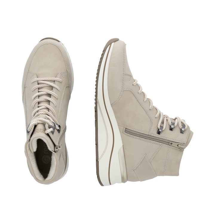 Beige remonte Damen Schnürstiefel D0T79-62 mit wasserabweisender TEX-Membran. Schuh von oben, liegend.