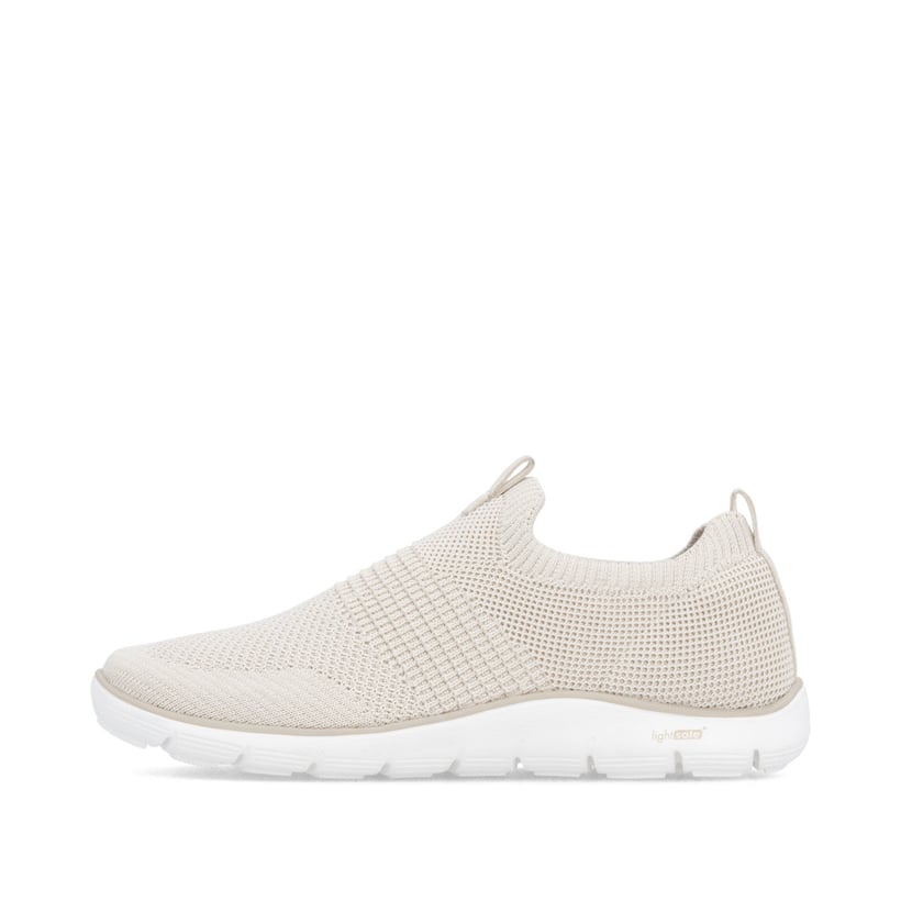 Beige remonte Damen Slipper D3G01-60 mit einem Gummizug sowie der Komfortweite G. Schuh Außenseite.