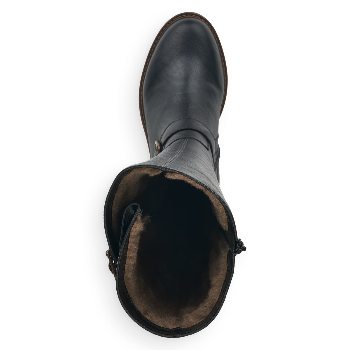 Nachtschwarze remonte Damen Hochschaftstiefel R6590-01 mit einer Profilsohle. Schuh von oben