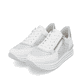 Weiße vegane remonte Damen Sneaker Low D1329-80 mit einem Reißverschluss. Schuhpaar seitlich schräg.