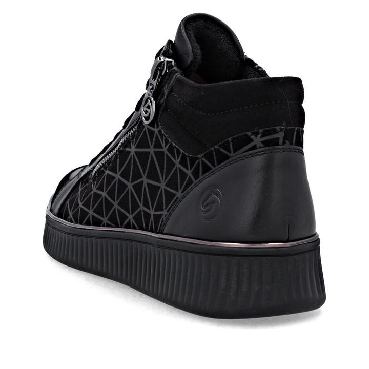 Schwarze remonte Damen Sneaker D2E70-00 mit Reißverschluss sowie Komfortweite G. Schuh von hinten.