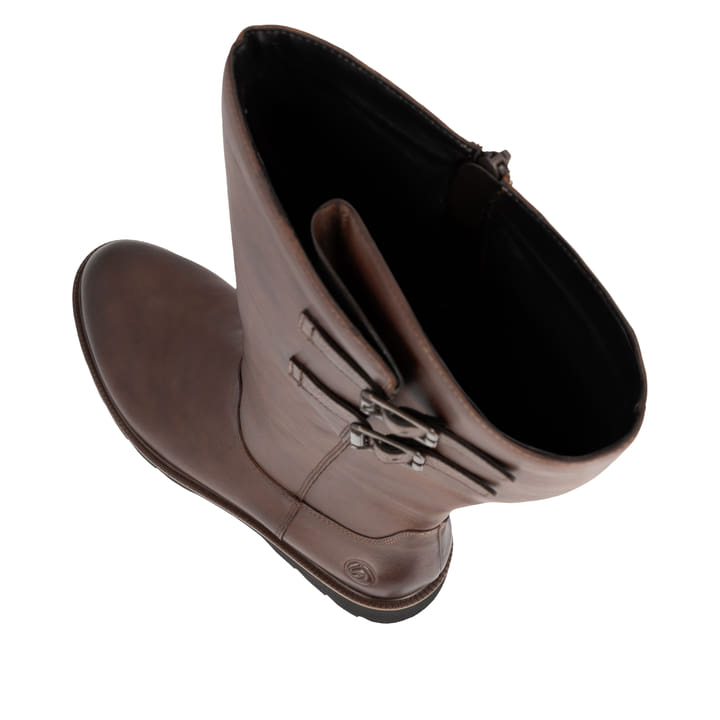 Braune remonte Hochschaftstiefel D3S74-22 mit Reißverschluss sowie Extraweite H. Schuh von oben, liegend.