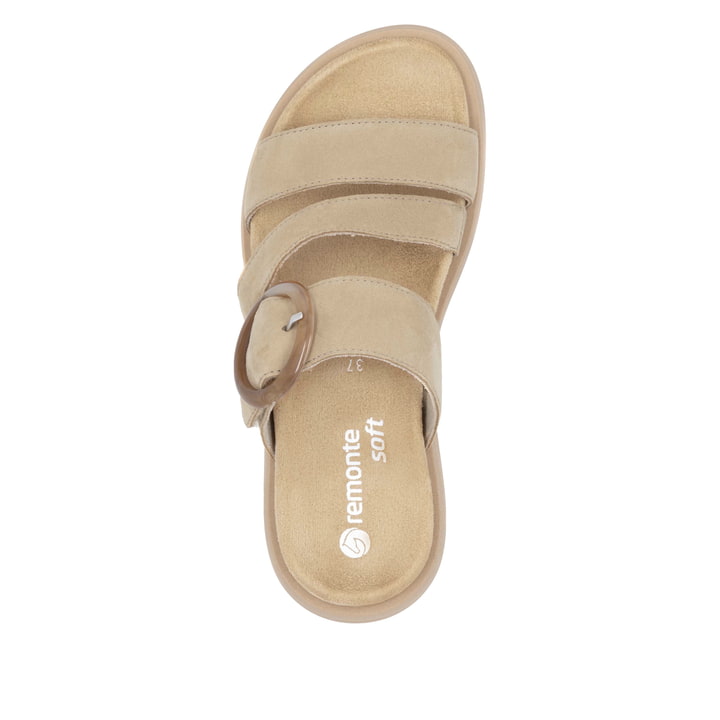 Beige remonte Damen Pantoletten D2N53-62 mit einem Klettverschluss. Schuh von oben.