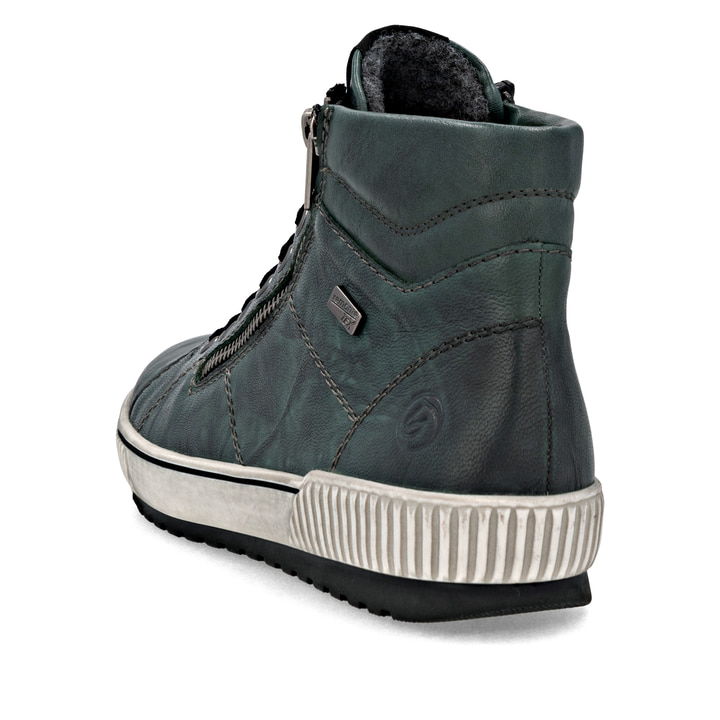 Olivgrüne remonte Damen Schnürstiefel D0772-54 mit wasserabweisender TEX-Membran. Schuh von hinten.