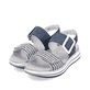 Blaue vegane remonte Riemchensandalen D1J53-14 mit einem Klettverschluss. Schuhpaar seitlich schräg.