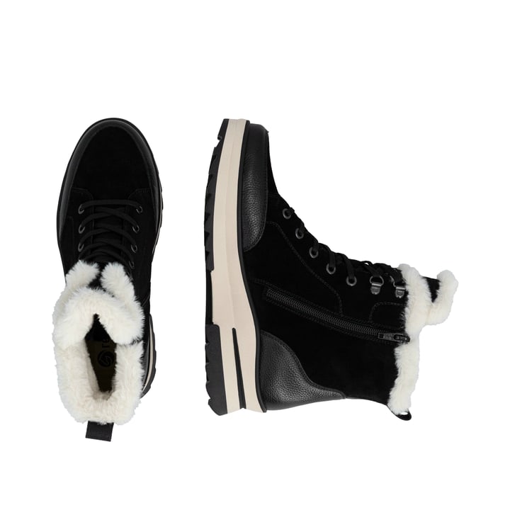 Schwarze remonte Damen Schnürstiefel D2B76-03 mit griffiger Glass-Fibre Sohle. Schuh von oben, liegend.