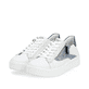 Perlweiße vegane remonte Damen Sneaker D0J03-80 mit einem Reißverschluss. Schuhpaar seitlich schräg.