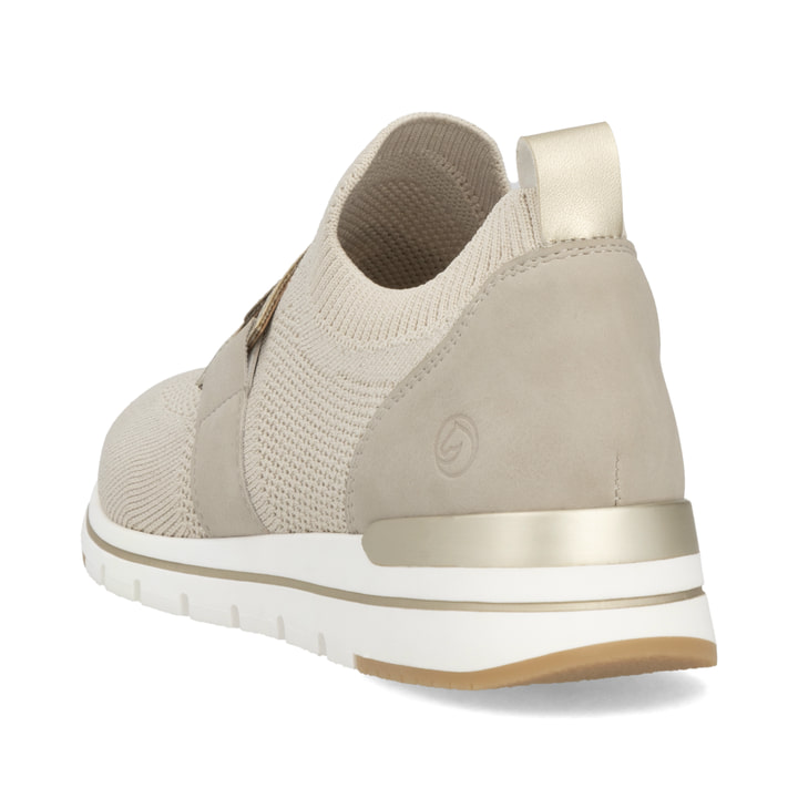 Beige remonte Damen Slipper R6713-60 mit einem Gummizug sowie der Komfortweite G. Schuh von hinten.