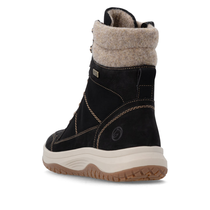 Schwarze remonte Damen Schnürstiefel D3Q72-03 mit wasserabweisender TEX-Membran. Schuh von hinten.