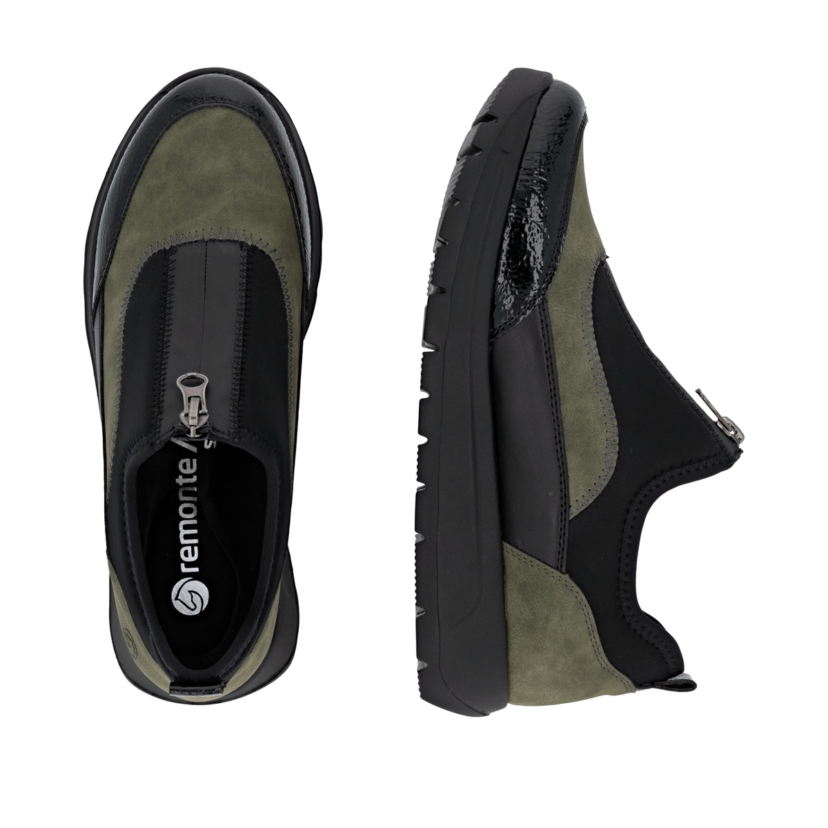 Schwarze remonte Damen Slipper D2V01-03 mit Reißverschluss sowie Extraweite H. Schuh von oben, liegend.