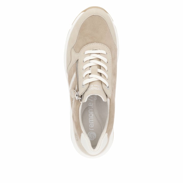 Beige vegane remonte Damen Sneaker Low D1S04-60 mit einem Reißverschluss. Schuh von oben.