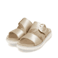 Goldene remonte Damen Pantoletten D2K51-90 mit einem Klettverschluss. Schuhpaar seitlich schräg.