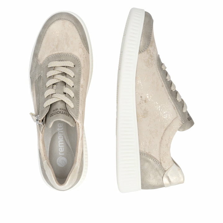 Goldene vegane remonte Damen Sneaker D2E05-60 mit einem Reißverschluss. Schuh von oben, liegend.