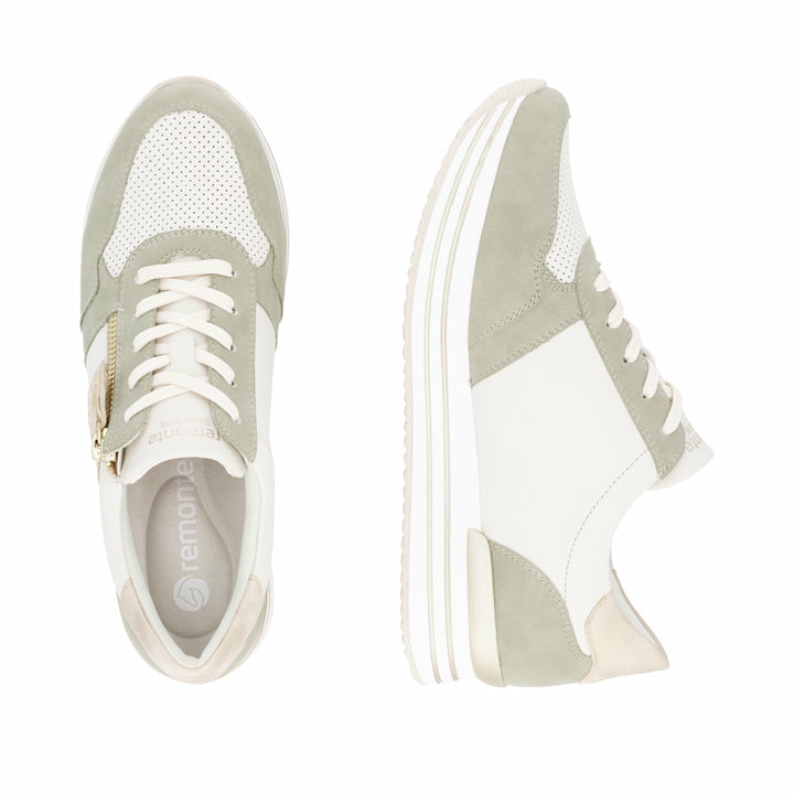 Weiße remonte Damen Sneaker Low D1327-80 mit Reißverschluss sowie Komfortweite G. Schuh von oben, liegend.