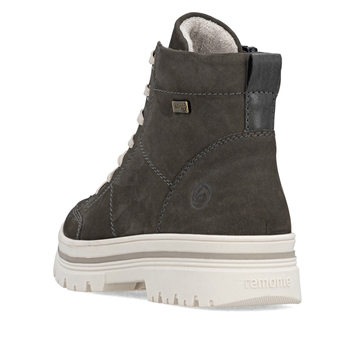 Graue remonte Damen Schnürstiefel D2U71-45 mit wasserabweisender TEX-Membran. Schuh von hinten.