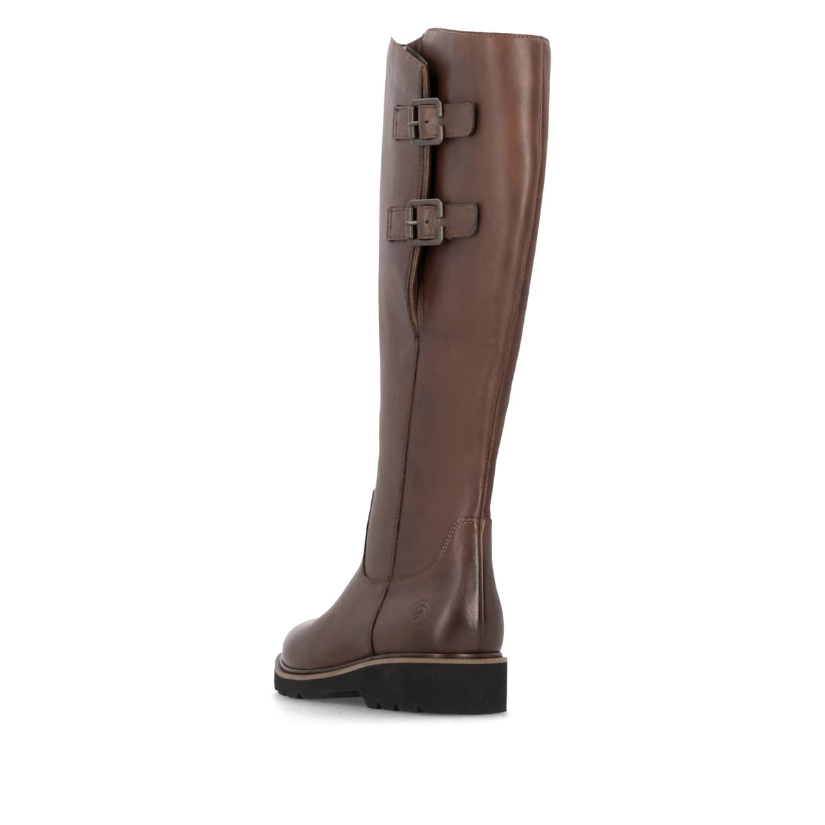 Braune remonte Hochschaftstiefel D3S74-22 mit Reißverschluss sowie Extraweite H. Schuh von hinten.