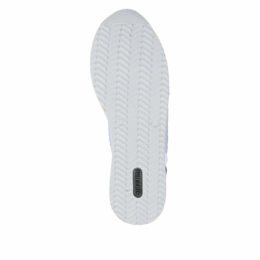 Weißblaue vegane remonte Damen Sneaker D1329-81 mit einem Reißverschluss. Schuh Laufsohle.