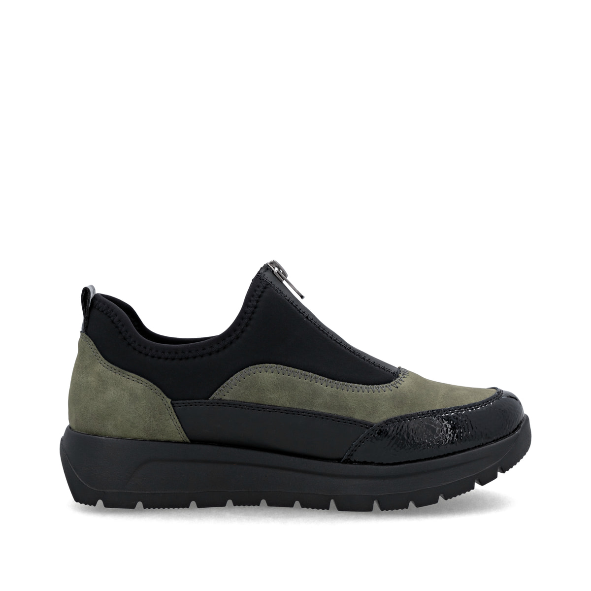 Schwarze remonte Damen Slipper D2V01-03 mit Reißverschluss sowie Extraweite H. Schuh Innenseite.