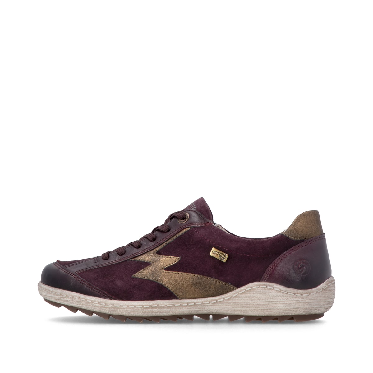 Weinrot-bronzene remonte Damen Schnürschuhe R1443-35. Schuh Außenseite.